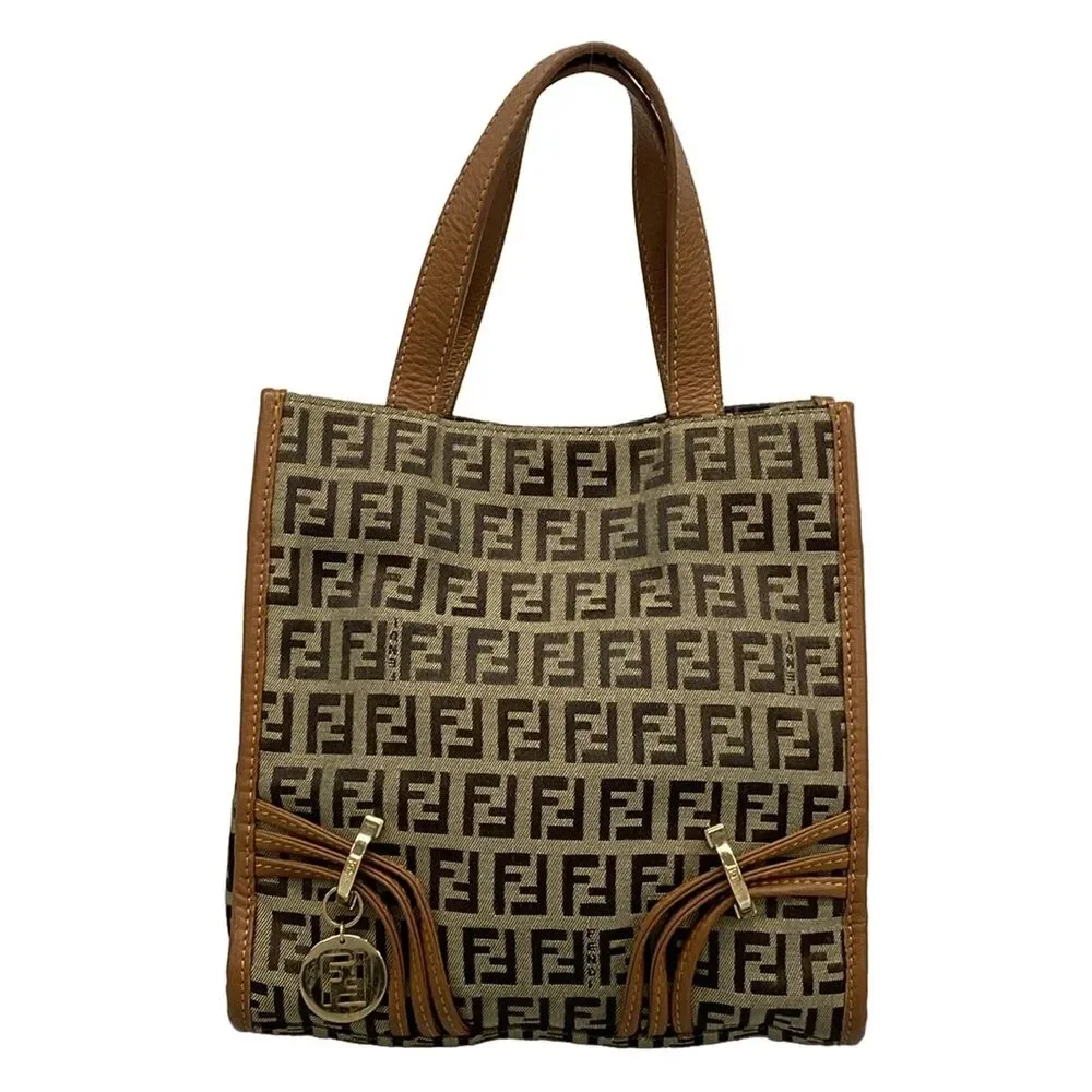 Fendi Zucchino Tote Bag 8BH170 Dark Brown Beige Brown Jacquard Leather Women's